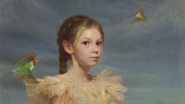 peinture à l'huile,La peinture,le réalisme,blond,robe jaune,tropical birds