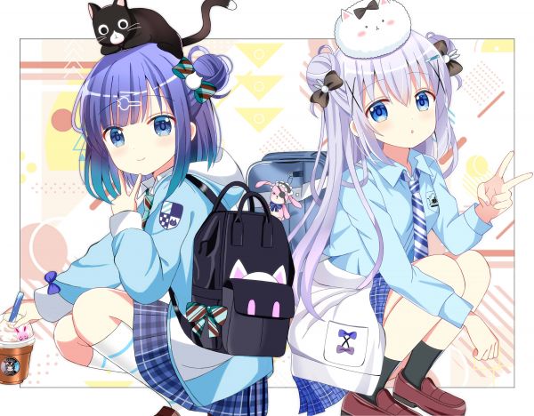 Anime,Filles anime,Gochuumon wa Usagi Desu ka,uniforme scolaire,Kafuu Chino,Jouga Maya