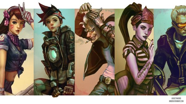 1920x1080 px,Obra de arte,D Va Overwatch,Junkrat Overwatch,Supervisión,Soldado 76 Sobre vigilancia