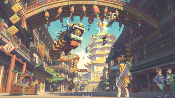 digital art,artwork,illustration,street,concept art,chinese dragon