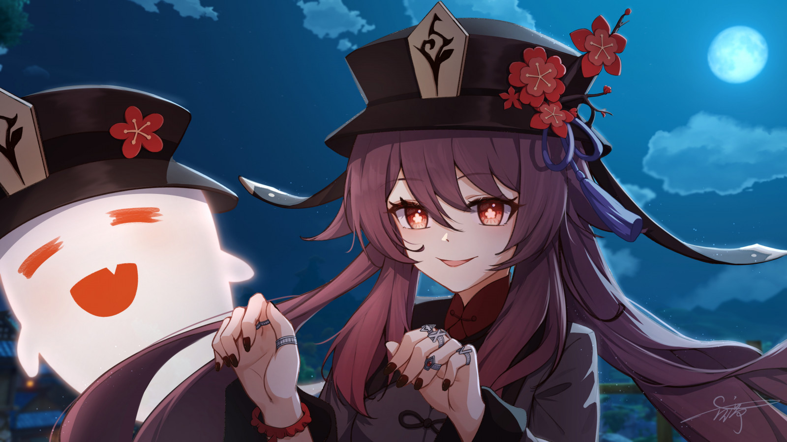 Hu Tao Genshin Impact, Genshin Impact, anime, anime girls, digital art, fan art, artwork, brunette, long hair, hat, Chinese clothing, ghost, smiling, night, signature