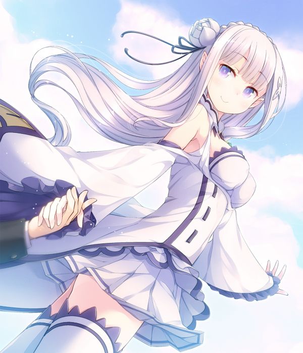 orejas puntiagudas,Emilia Re Zero,Re Zero Kara Hajimeru Isekai Seikatsu,Muslos altos,vestir,pelo blanco