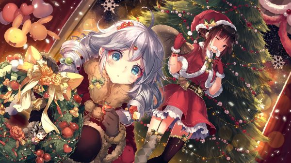 anime,anime dívky,two women,Vánoce,Vánoční strom,santa outfit