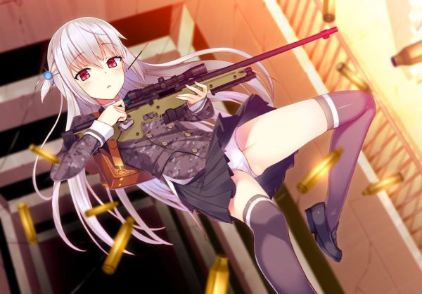 cheveux longs, cheveux blancs, Anime, Filles anime, pistolet, arme