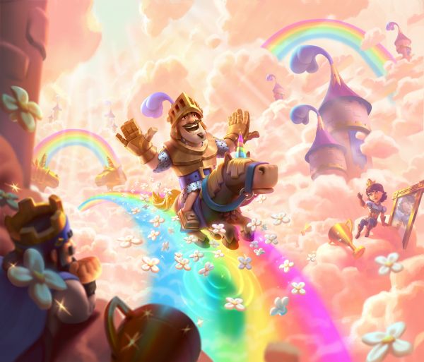 Clash Royale,Video Game Art,pelangi,awan-awan,sinar matahari,unicorn