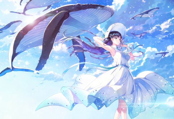 Meninas anime,Desviando o olhar,vestido branco,Rednian,flying whales,cabelo roxo