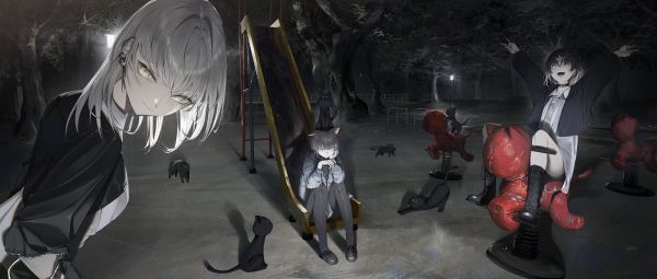 black cats,cats,playground,anime girls