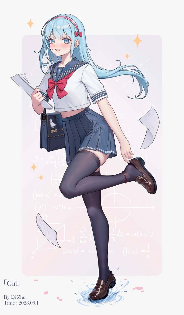 animemeisjes,blauw haar,blauwe ogen,schoolmeisje,schooluniform,qizhu