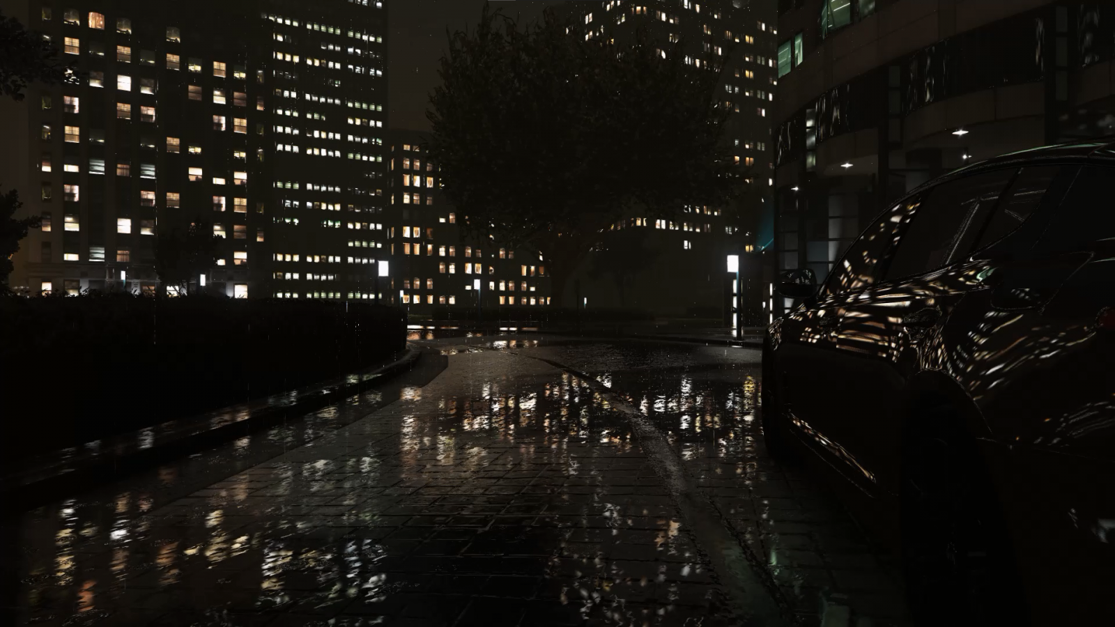 Grand Theft Auto V, night, rain, car, city, building, apartments