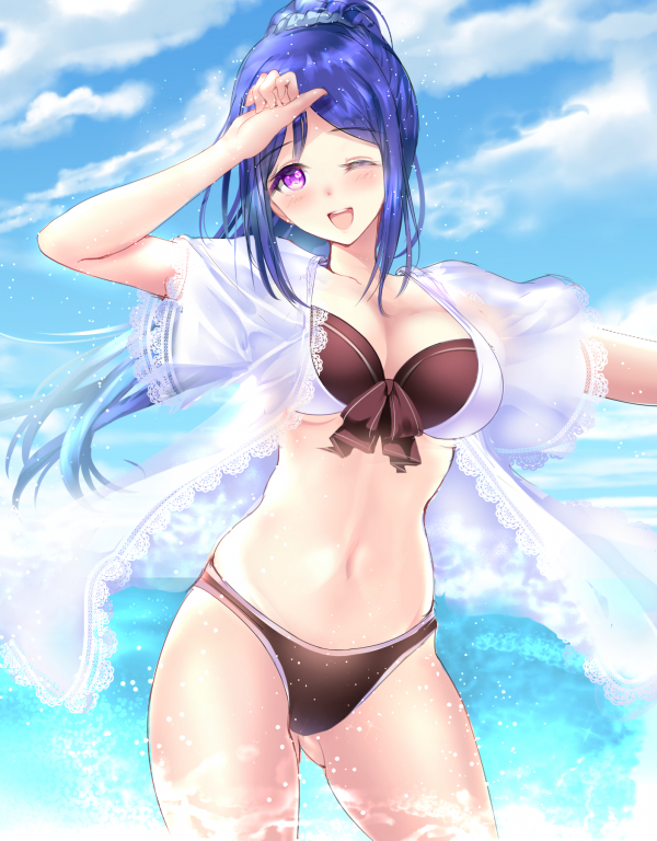 bikini,swimwear,anime girls,anime,blue hair,belly