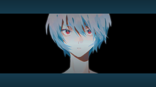 Ayanami Rei,olhos vermelhos,cabelo azul,cabelo curto,franja,blunt bangs