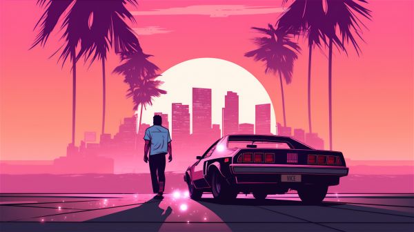 ai art,kota,ilustrasi,kaki langit,pohon-pohon palem,Grand Theft Auto Vice City