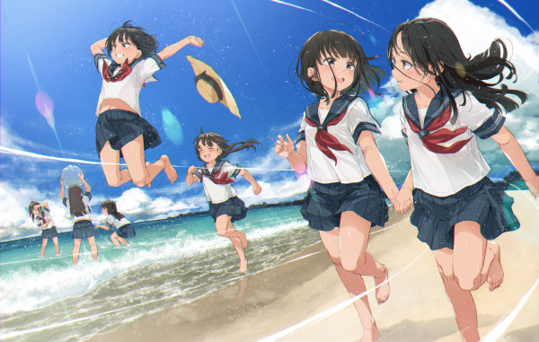 アニメの女の子,女性のグループ,水,麦わら帽子,ランニング,standing in water