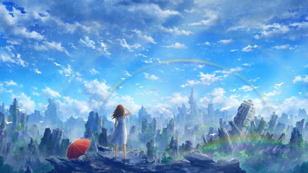 anime girls,city,building,sky,rainbows,post apocalypse