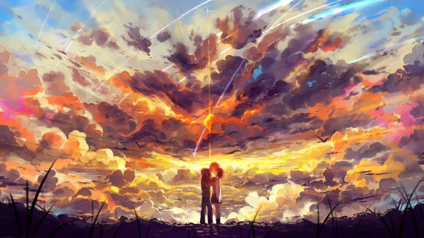 navnet ditt,Kimi no Na Wa,skyer,digital kunst,kunstverk,solnedgang