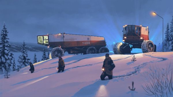 la neve,inverno,veicolo,disegno,futuristico,Simon Stalenhag