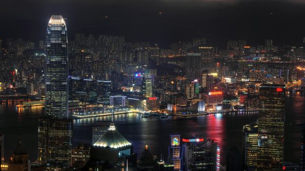 Stadt, Stadtbild, Hongkong, Nacht-, Betrachtung, Skyline