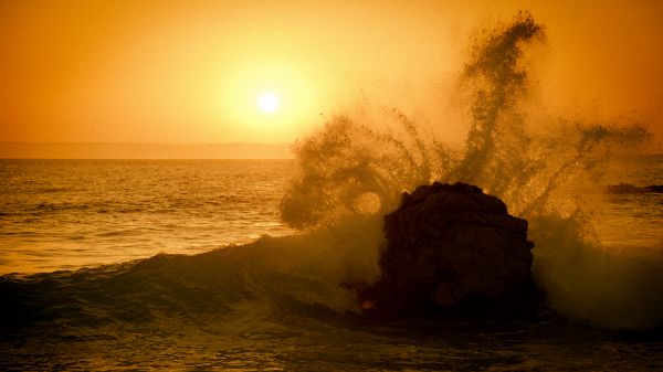 water,landscape,4k,sunset,rock,waves