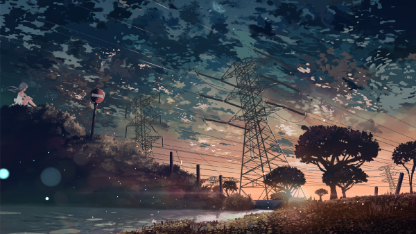 anime,artwork,power lines,sunset,clouds,utility pole