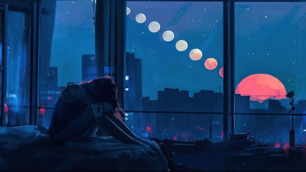 anime,anime girls,sitting,window,bed,Moon