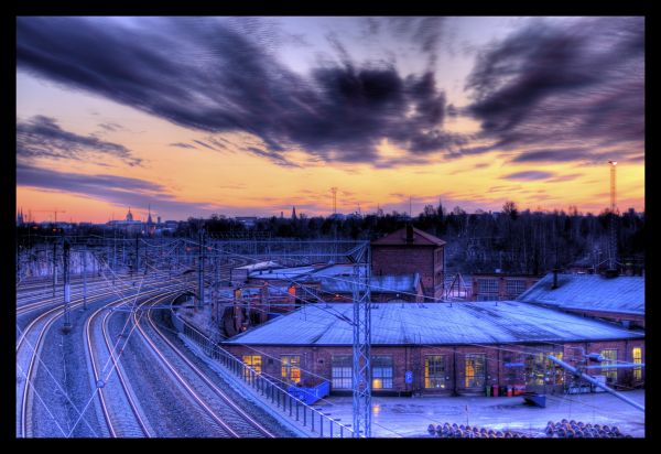 krajina,město,stromy,barvitý,západ slunce,panoráma města