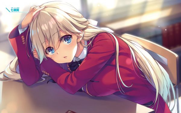 hand on face,blonde,school uniform,Youkoso Jitsuryoku Shijou Shugi no Kyoushitsu e,Boobs on table