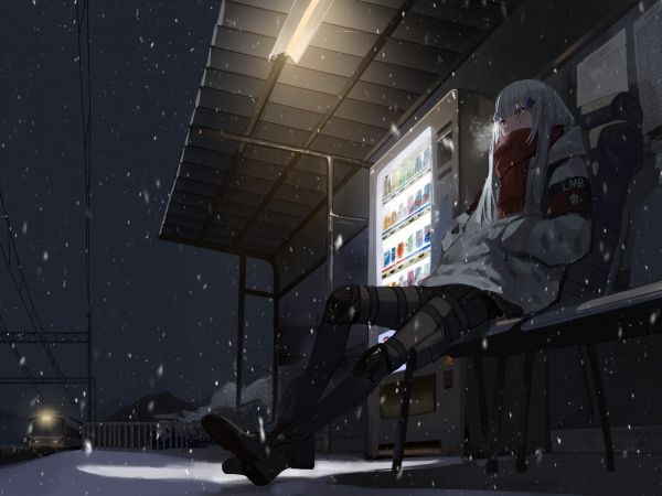 Anime,Chicas anime,bufanda,nieve,noche,estación de tren