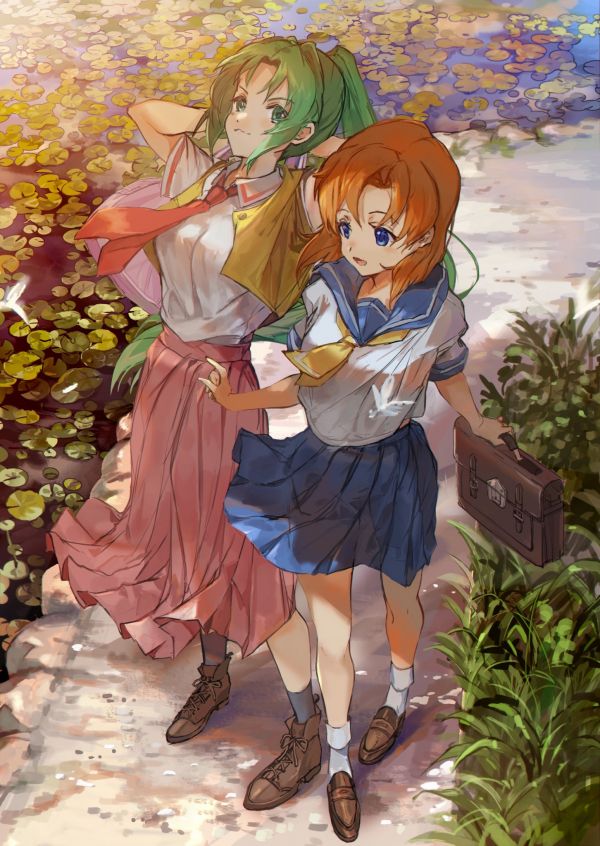 Аниме девушки,Higurashi No Naku Koro Ni,Рюгуу Рена,юбка,Сонозаки Мион,дорожка