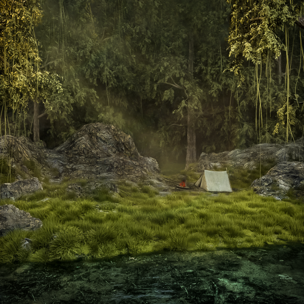 landscape,digital art,CGI,forest,grass,tent