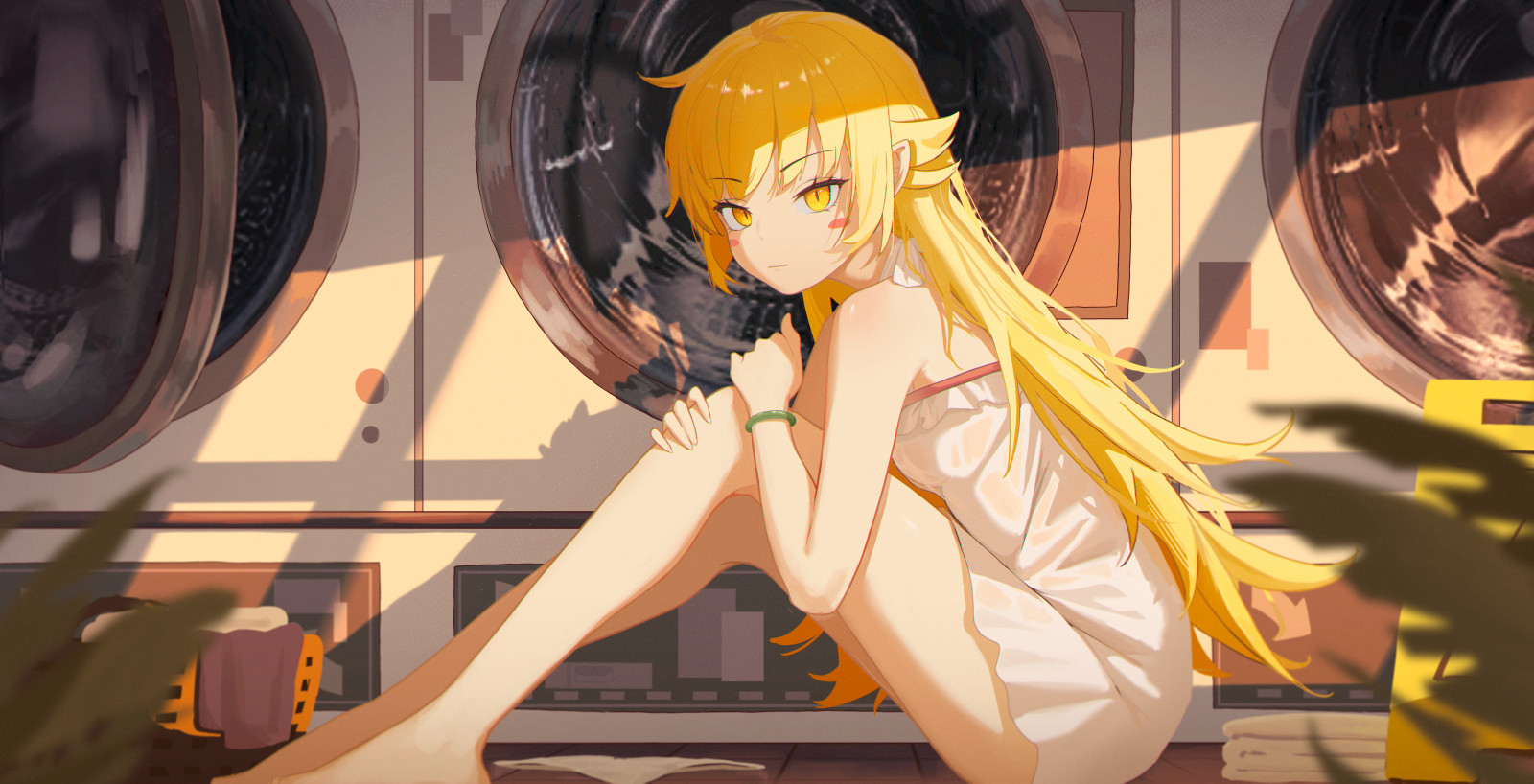 Oshino Шинобу, Monogatari Series, рокля, жълти очи, аниме момичета, аниме