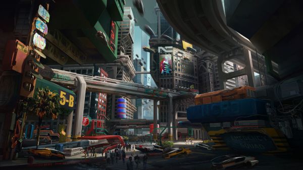 concept art,Cyberpunk 2077,CD Projekt RED,város,épület