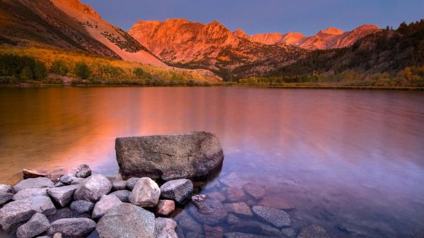 landscape, water, rock, nature, sunset, lake