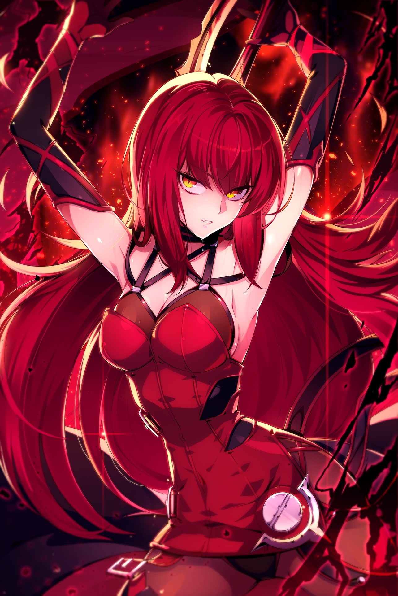 ilustração, Ruiva, Anime, Meninas anime, decote, espada, maiô, Sem sutiã, Elsword, Elesis Elsword, Mangaka