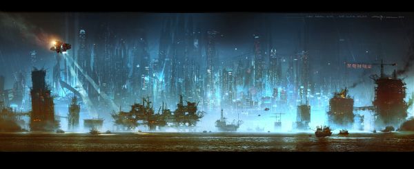 George Hull,science fiction,Ville futuriste,baie,Séoul,bateau