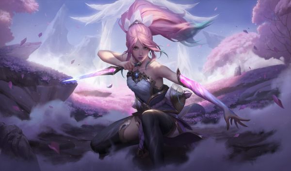 donne,League of Legends,Tony Liu,disegno,capelli rosa,Akali League of Legends