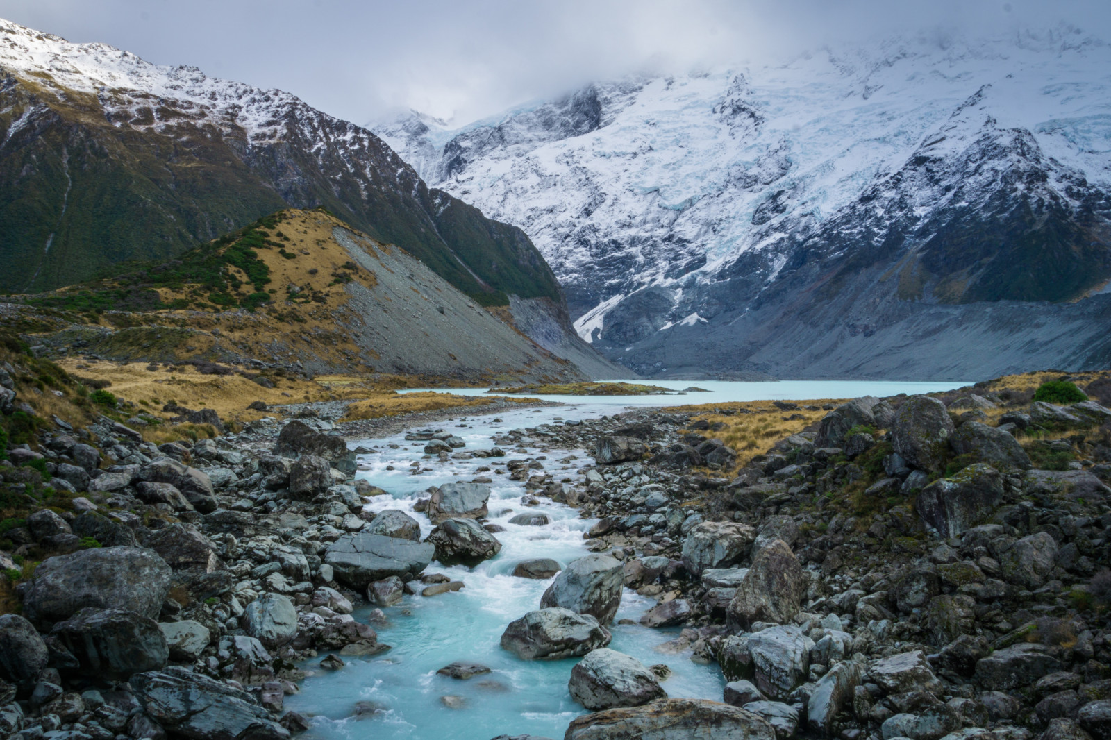 Nieuw Zeeland, Hooker Lake, stroom, rotsen, Mount Cook