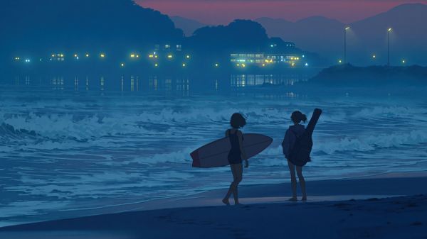 two women,spiaggia,anime girls,tramonto,tavole da surf,sera