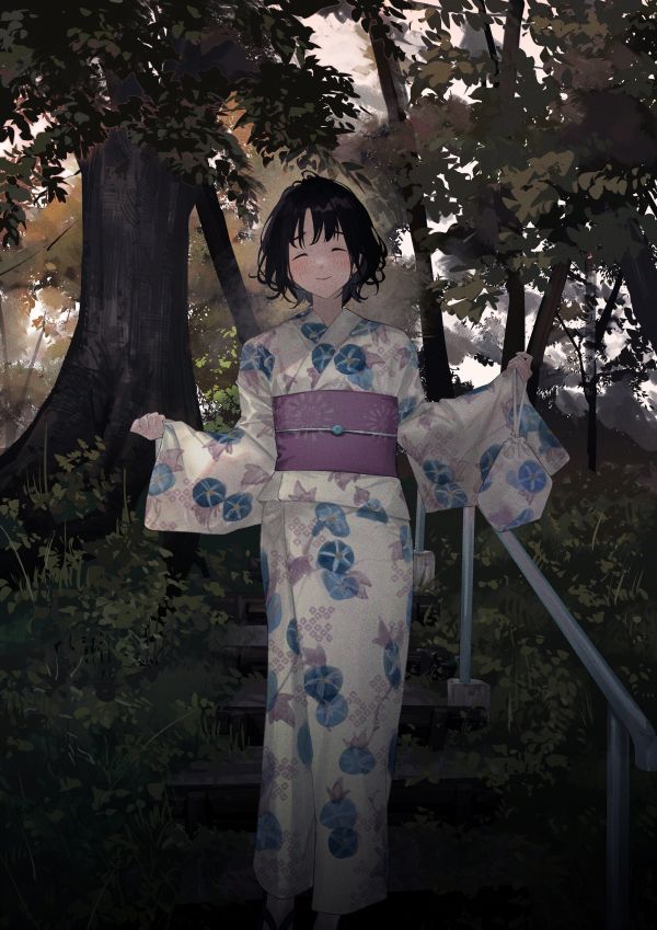 matsukenmanga,Anime,solo,Yukata,souriant,cheveux foncés