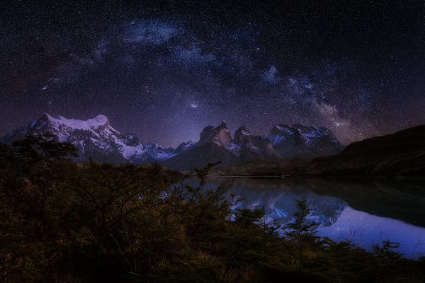 Árboles, paisaje, montañas, lago, noche, galaxia