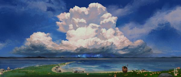 seni digital,karya seni,ilustrasi,pemandangan,awan-awan,laut