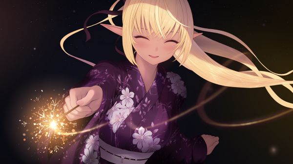 Meninas anime,Hololive,Shiranui Flare,Cait,Quimono japonês,sorridente