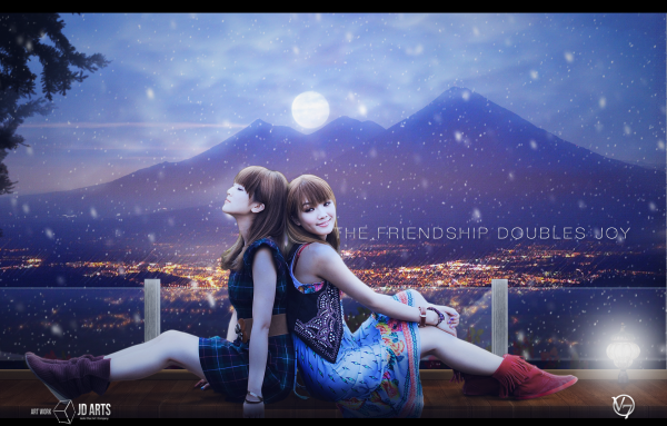 Photoshop, neige, copains, asiatique, nuit, Lune