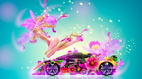 bunt,Illustration,Lamborghini,Super Auto,blühen,Rosa