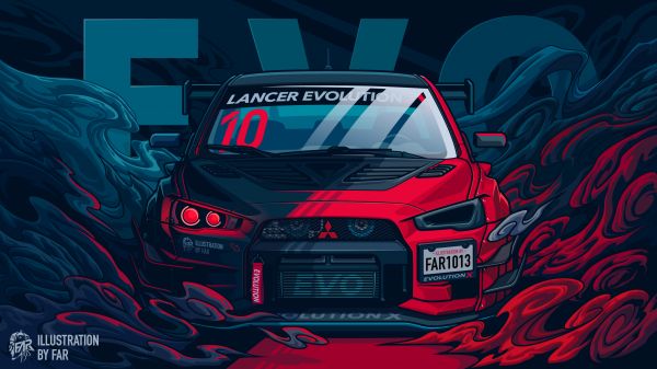 digital art, artwork, illustration, smoke, Mitsubishi, Mitsubishi Lancer Evo X