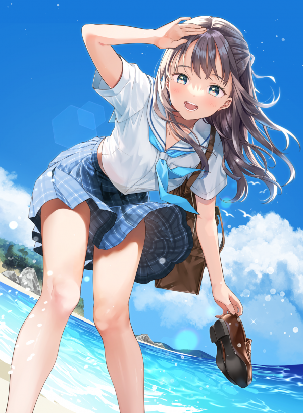 anime girls,visualizzazione verticale,scolara,uniforme scolastica,guardando spettatore,spiaggia