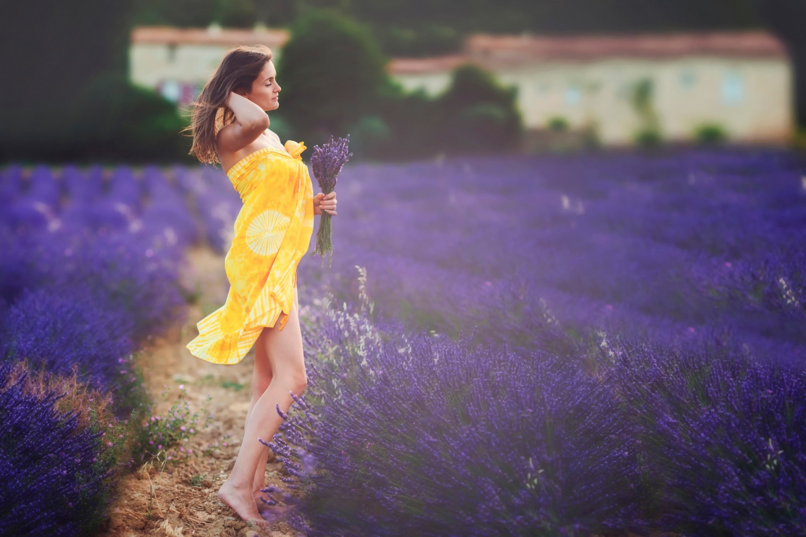 2500x1666 px, brunette, champ, fleurs, lavande, Fleurs violettes, femmes, Femmes en plein air, robe jaune