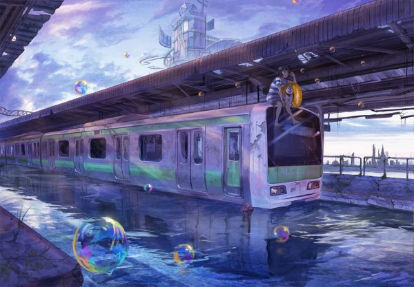 train, anime girls, water, vehicle, dog, bubbles