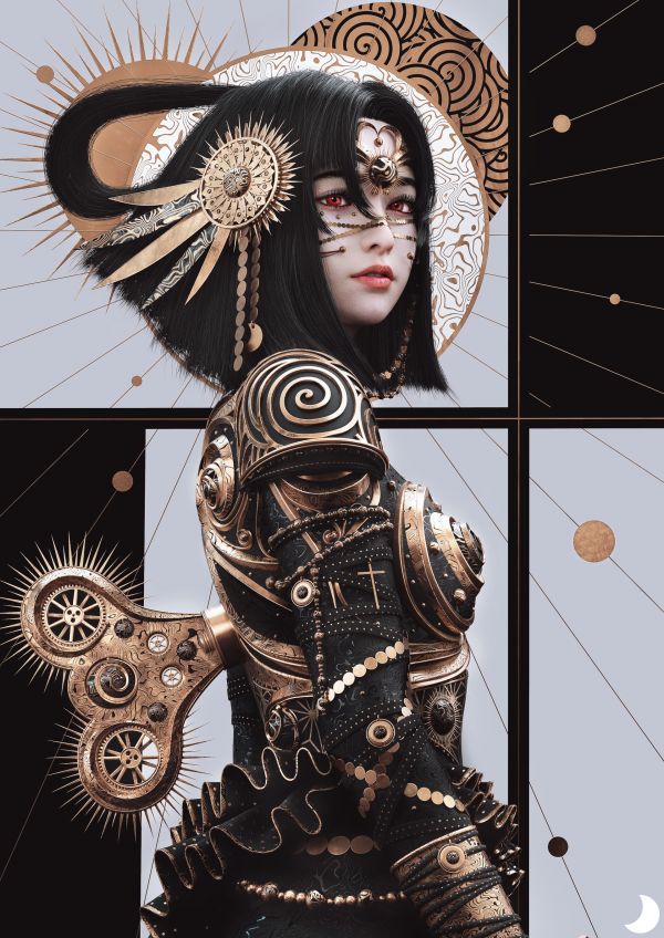 妇女,黑发,金,Dylan Kowalski,mechanical doll,红眼睛