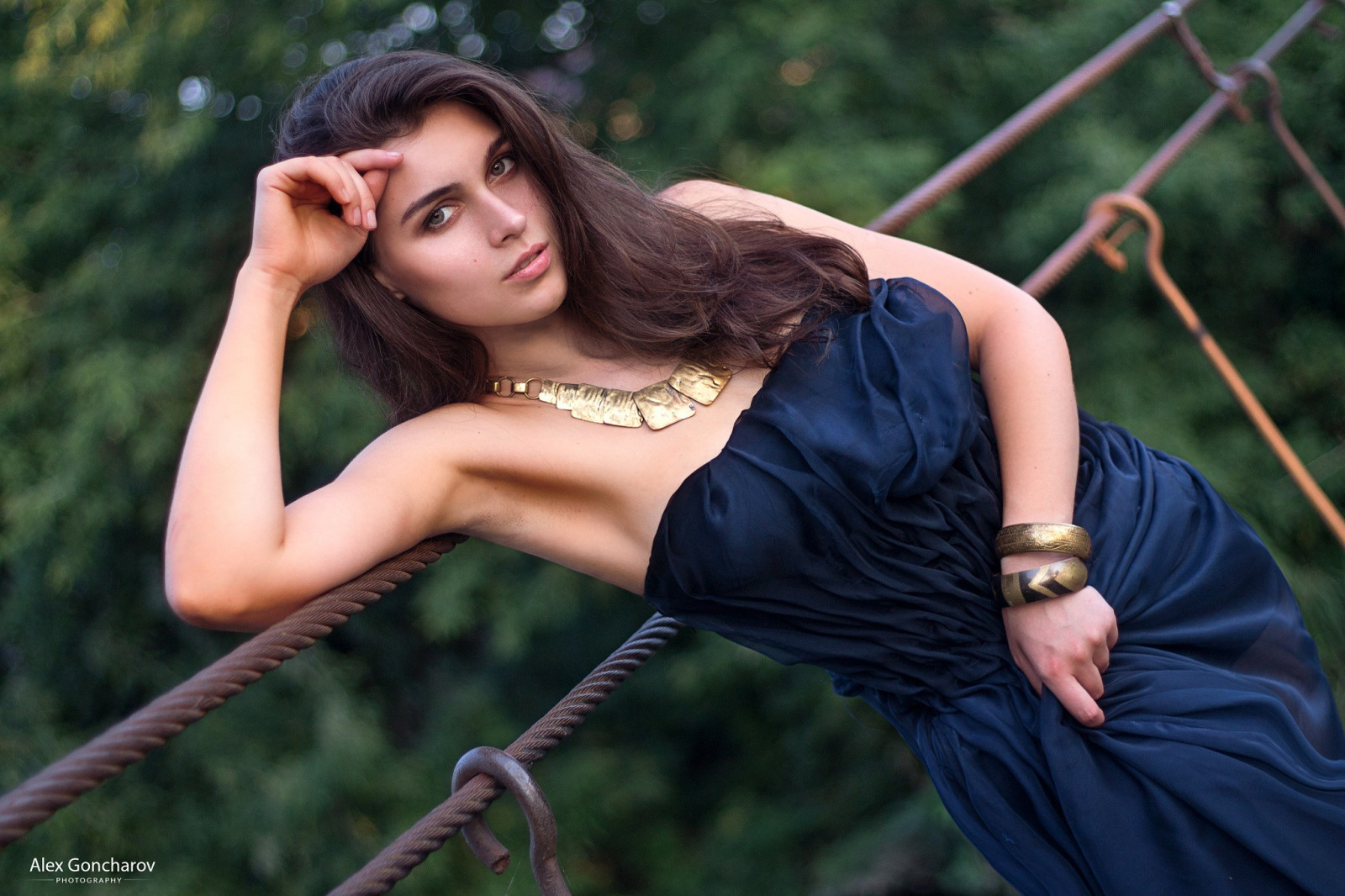 women, brunette, face, portrait, no bra, dress, necklace, bare shoulders, black dress, women outdoors, armpits, Alexey Goncharov