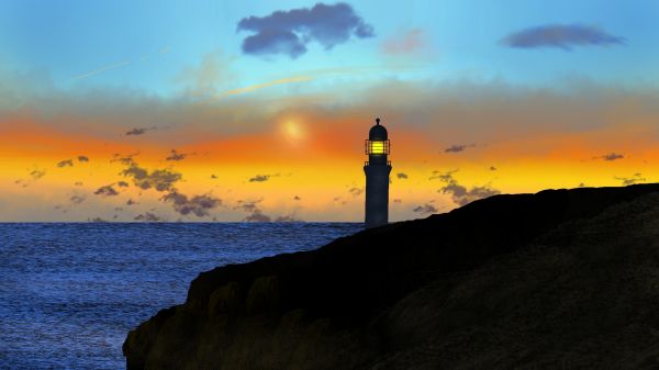 Peinture numérique,art numérique,phare,paysage,crépuscule